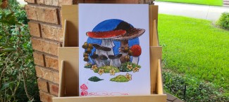 Mushrooms and Moss- a watercolor illustration of various mushrooms on moss.