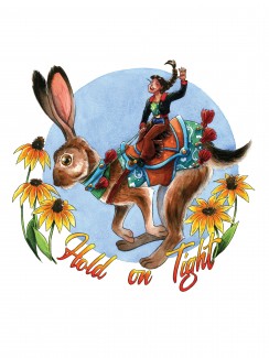 Watercolor illustration of a girl in rodeo gear riding a jackrabbit. Text reads Hold on Tight.